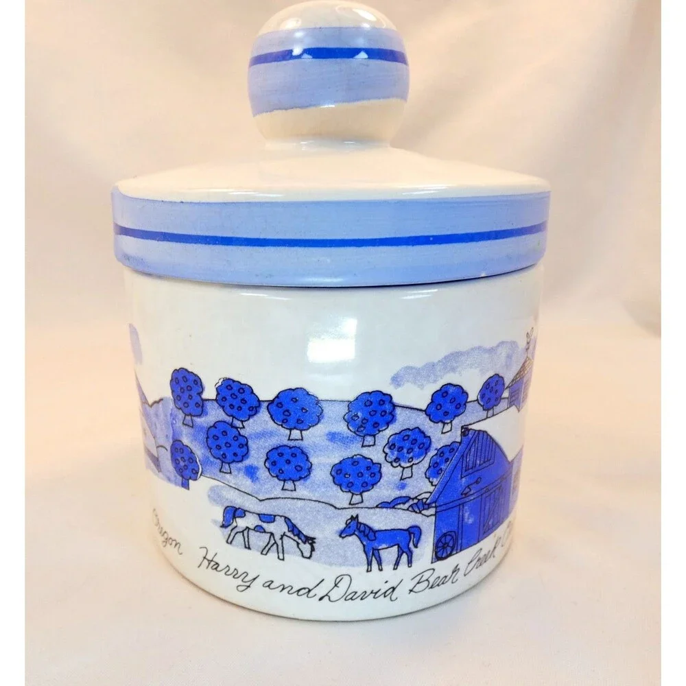 Harry & David Bear Creek Orchards Blue & White Jam Jar 5